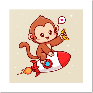 Cute Monkey Riding Rocket And Holding Banana Cartoon Posters and Art